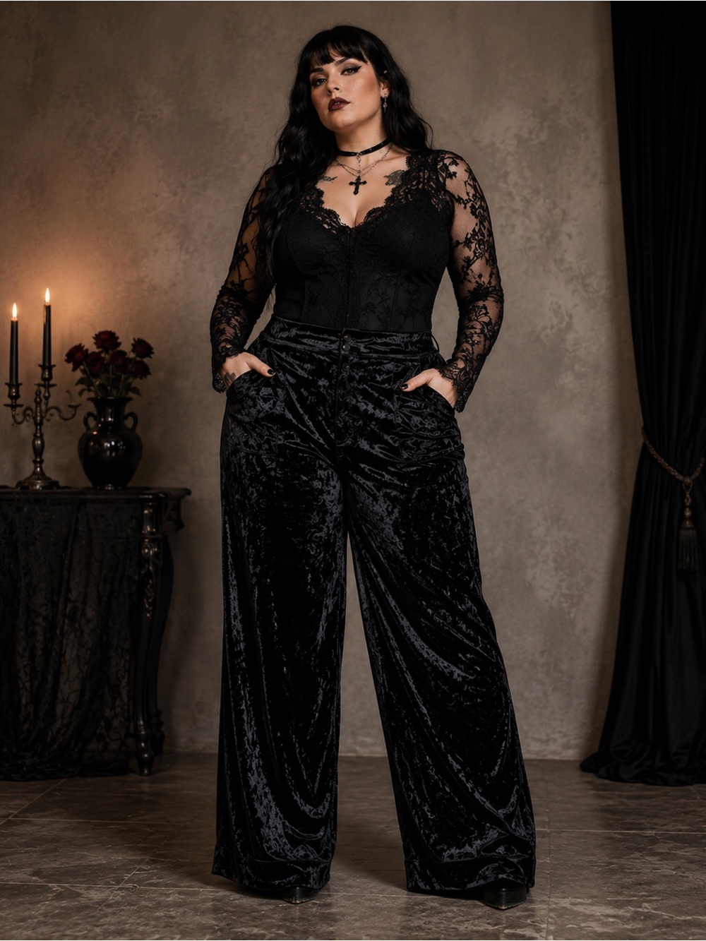 Halara XL Petite Black Crushed Velvet Wide-Leg Palazzo Pants | Gothic Boho Luxe